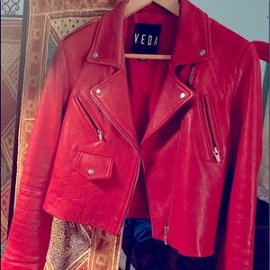 Veda medium red leather moto jacket.